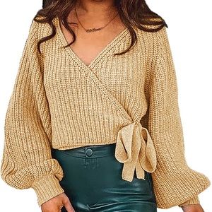 KIRUNDO Wrap V Neck Sweater Balloon Sleeves Ribbed Knitted Pullover Tie Front